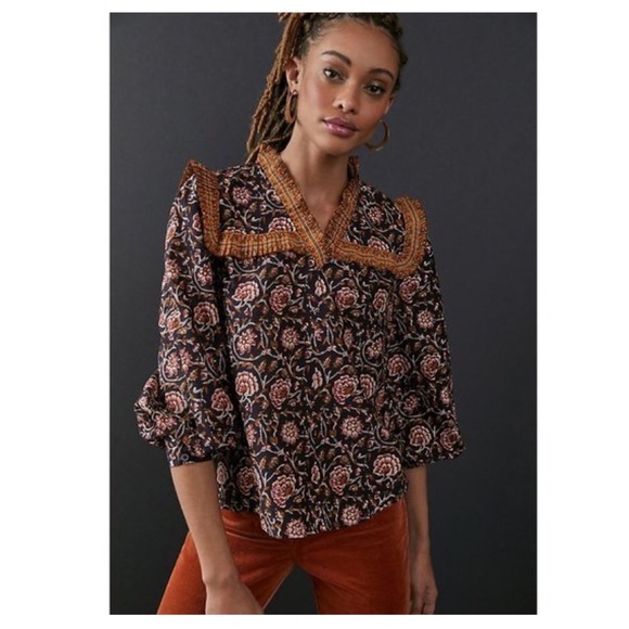 NWT Anthropologie Othilia Sera Ruffled Blouse Womens Top Neutral Multi Medium - Picture 1 of 14